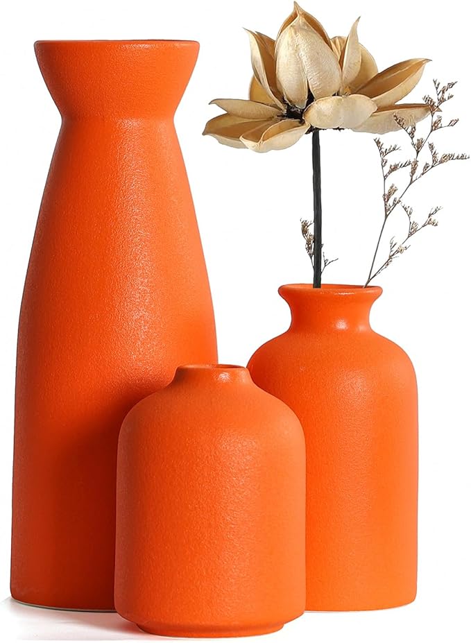CEMABT Ceramic Orange Vases Set of 3 Small Flower Vases for Decor, Modern Rustic Farmhouse Home Decor, Decorative Vases for Pampas Grass,Idea Shelf,Table,Bookshelf,Entryway- Distressed Decor