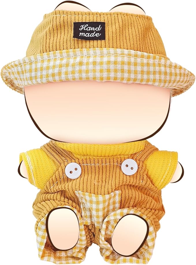 Doll Clothes for 17cm Dolls, Cute Outfit Set with Accessories, Bucket Hat and Overalls (No Doll) (Yellow Overalls Set)