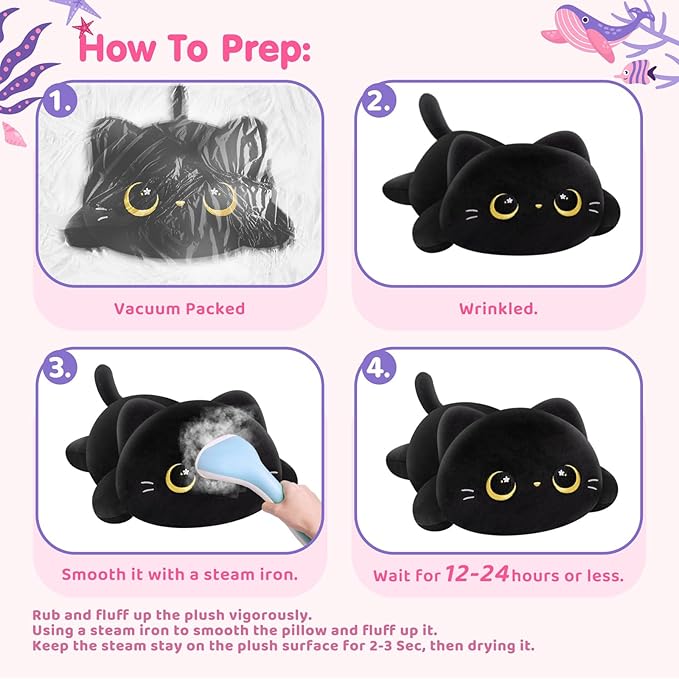Cute Black Cat Plush Pillow, Kawaii Plushies Black Cat Stuffed Animals, Squishy Plushies, Cuddle Plush Pillow for Kids & Girls (13 Inch)