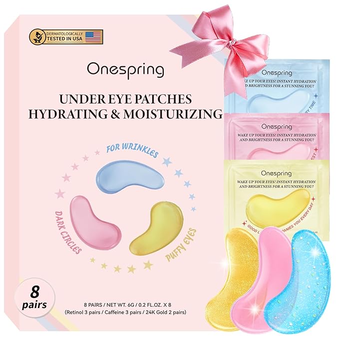 Onespring Eye Masks (8 Pairs) - 24K Gold, Caffeine and Retinol Under Eye Patches, Gel Pads for Wrinkles, Puffiness & Dark Circles, Bachelorette Party Favors, Self Care, Birthday Gifts for Women