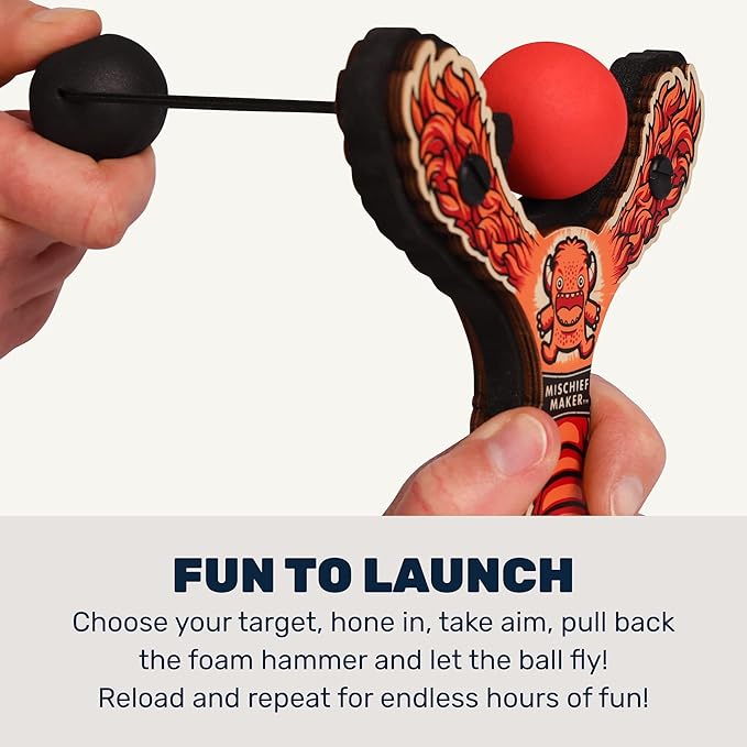 Mischief Maker® Wooden Slingshot - Lil’ Monster Series - Real Wood Slingshot for Kids, 4 Soft Foam Balls and Storage Bag - Ages 4+ (red)