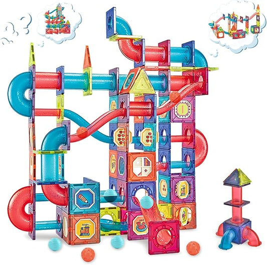 Magnetic Tiles, Funnydin 145PCS Magnetic Tiles Marble Run, Magnetic Building Blocks Set for Kids Ages 3+, Magnet Marble Race Track Toys, STEM Educational Toys Gifts for Boys Girls 5 6 7 8 9+ Years Old