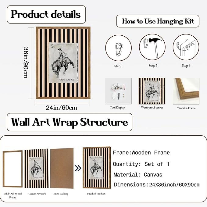 Vintage Western Wall Art, Rodeo Cowboy Horse Postage Wall Decor Mid Century Southwest With Stripes Western Canvas Prints for Living Room Bedroom Bathroom 24x36 inch Wood Framed