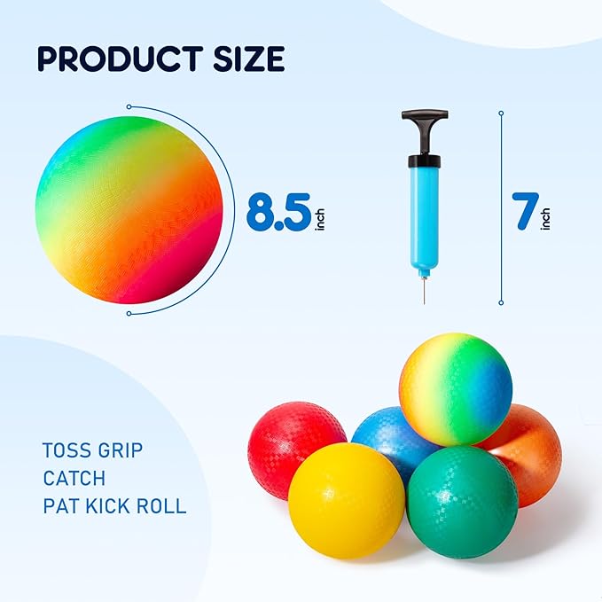 EVERICH TOY 6 Pack Playground Balls Dodgeball Set, 8.5 Inch Dodge Kick Ball Kickball Handball for Kids Adults, Indoor Outdoor Sports Toy for Yard Camp School Recess Ball Game for Boys Girls with Pump