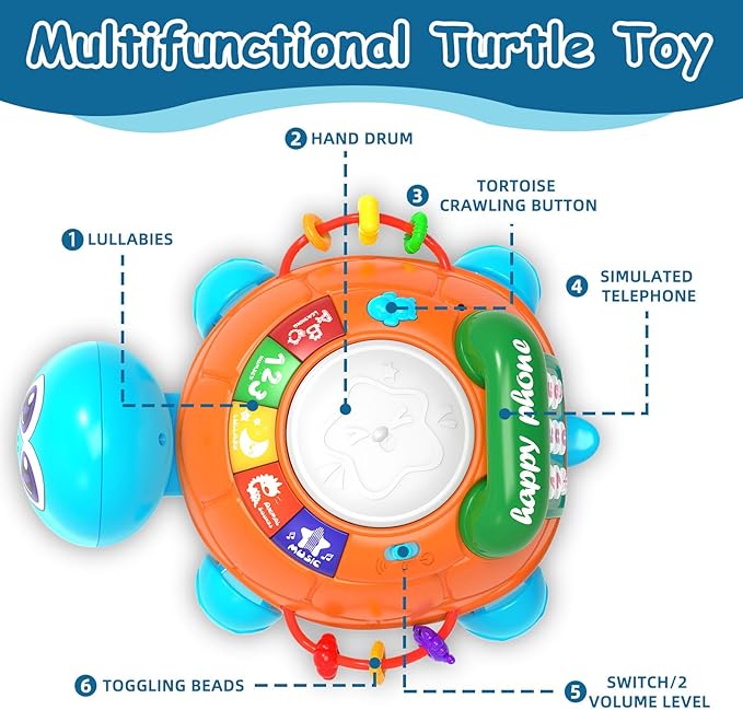 Baby Toys 6 to 12 Months,Infant Musical Turtle Crawling Toy with Phone Hand Drum, Baby Toy 7 8 9 10 18 Months 1-2 Year Old Girl Boy Gift (Blue)