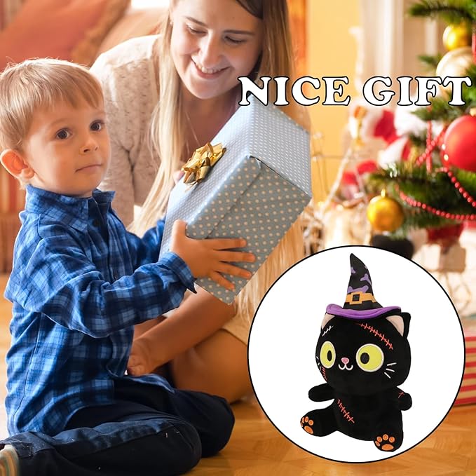 Halloween Plush Toy, Black Cat Stuffed Animal Plush Pillow, with Hat & Stitched Wound Halloween Plushies Toys for Adults and Kids, Birthday Party Favor Home Decor