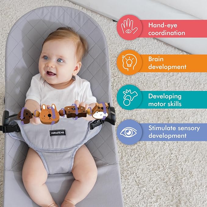 Baby Bjorn Bouncer Toy Bar - Toy Bar for Baby Bouncer Soft & Bliss, Easy to Attach and Remove, 360°Rotating Natural Wooden Toys, Exciting Design for Curious Babies, Farm Animals