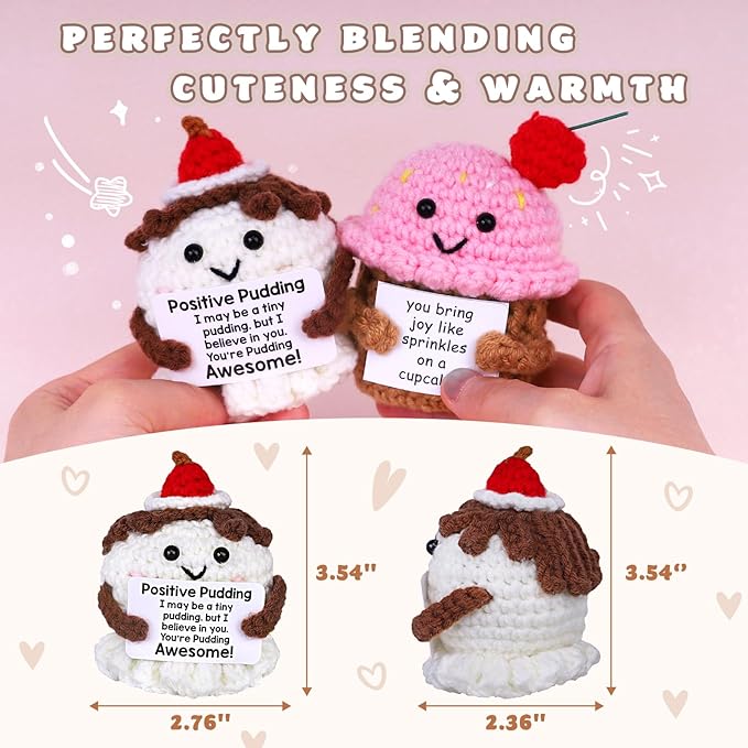 PARTY TONIGHT Mini Positive Crochet Animal Inspirational Gifts, Handmade Positive Pudding Crochet with Inspirational Card Positive Emotional Support Gift for Women Men Teacher Birthday Gift