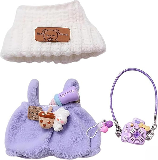 Designer Clothes Set for 15cm/17cm Dolls, Doll Knit Outfit Accessories with Purple Sweater Overall, Purple Camera and Beanie, DDK-Purple