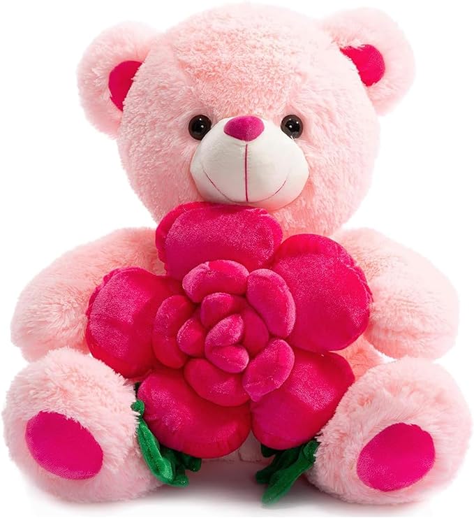 BEJOY Teddy Bear Stuffed Animals Plush Bear Holding Rose Soft Plush Toy Gifts 16 inches Pink