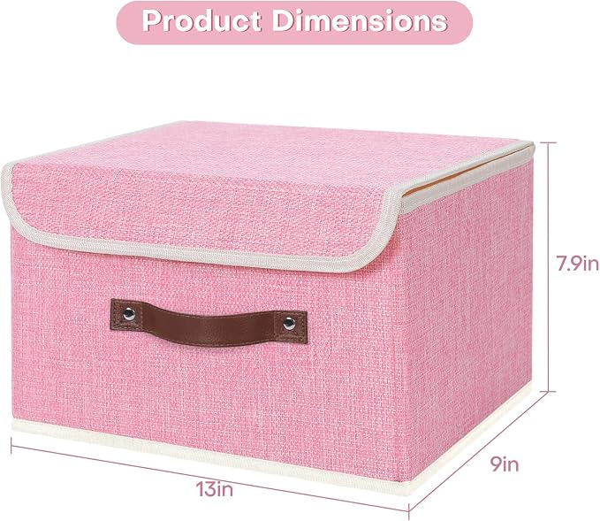 ANMINY Fabric Storage Box Bins with Lids, Pink, 13"x9"x7.9" | Keepsake Memory Storage, Cotton Linen, PP Board Reinforced, Washable, PU Handles, Foldable & Stackable, Decorative, Medium
