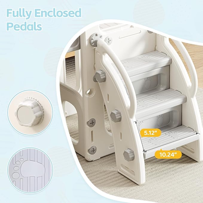 6 in 1 Toddler Slide, Indoor Outdoor Playground for Kids 1-3, Baby Slide with Basketball Hoop, Storage, Climber and Telescope,Gray White