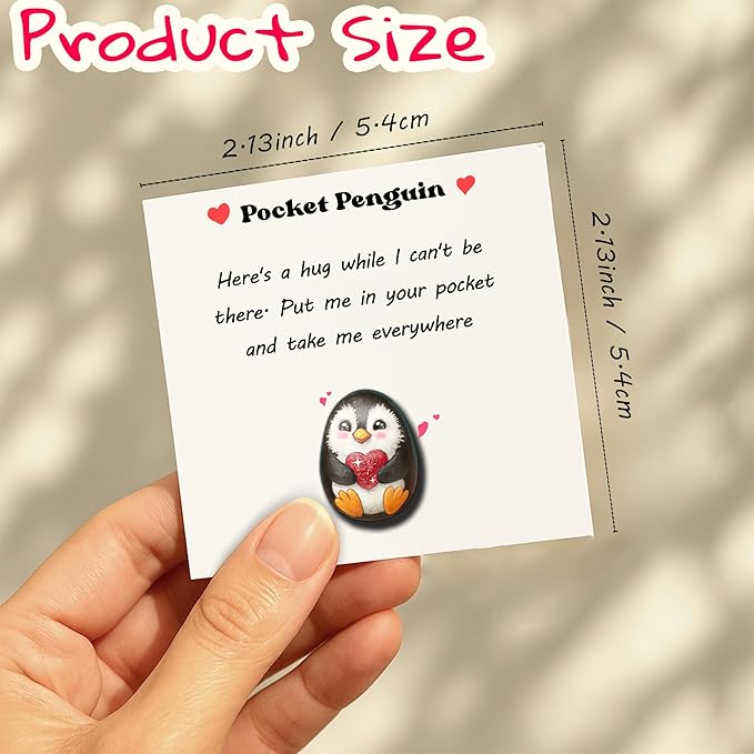 Handmade Pocket Penguin Pebble – Pocket Hug Mini Gift – Cute Hand-Painted Affirmation Token with Card – Long Distance Hug, Encouragement for Friends, Kids, or Anxiety Relief for Boyfriend, Girlfriend, Couples (Penguin Hug)