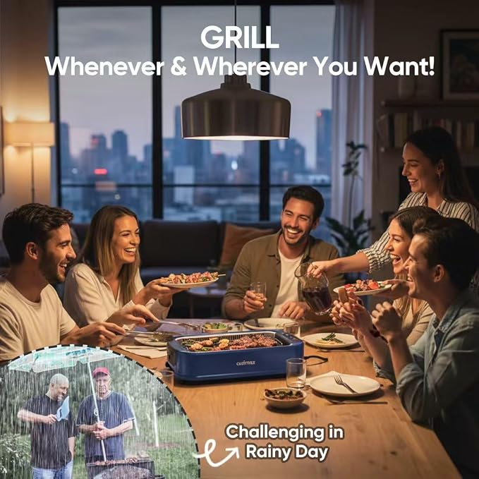 Electric Indoor Grill Griddle, CUSIMAX Smokeless Grill, Blue | with Turbo Smoke Extractor Technology, Smart LED Display & Adjustable Temperature, Non-stick Removable Plate & Griddle Plates