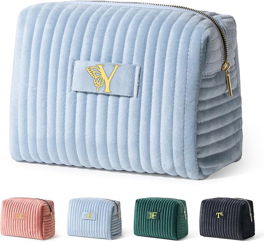 COSHAYSOO Initial Travel Makeup Bag Quilted Make Up Pouch Velvet Cosmetic Birthday Gifts for Women Beauty Tools Accessories Organizer Blue Letter Y