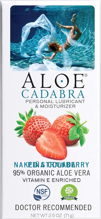 Aloe Cadabra Flavored Personal Lubricant & Vaginal Moisturizer, NSF Certified Organic Edible Aloe Lube for Men, Women & Couples, Non-Staining, pH Balanced, Toy Compatible (Strawberry, 2.5oz, 2 Pack)