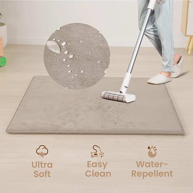 Huloo Sleep Baby Play Mat for Floor,1.3" Thick Elasti-Foam 50"×74" Playpen Mat for Tummy Time,Water Repellent Soft Coral Velvet for Toddler,Infant,Kids,Non-Slip Backing Safe for Crawling(Beige)