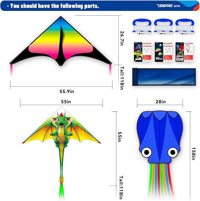 SGftre 3 Piece Set Butterfly Delta Octopus Kites for Kids and Adults，Easy to Fly for Outdoor Adults Children Line Kite for Kids Toy (Green Dragon+ Delta+Octopus Blue, 3)