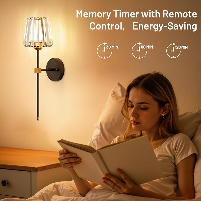 Crystal Battery Operated Wall Sconces Set of 2, Black and Gold Rechargeable Wireless Wall Lights with Crystal Lampshade, 12 RGB and 3CCT Dimmable Wall Lamps with Remote for Bedroom Living Room Hallway