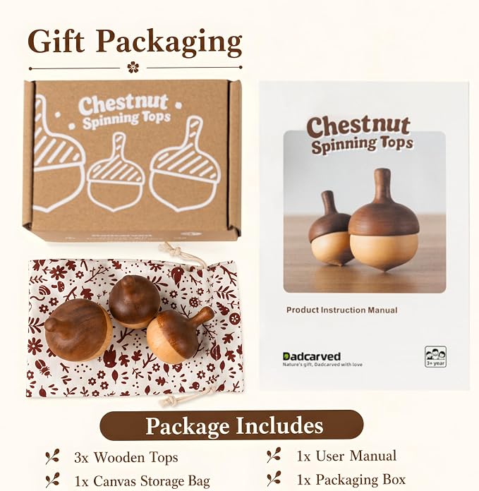 Wooden Spinning Tops Acorn Toy | 3 Pcs Wood Tops Made from Sapele and Beech Hardwood with Cotton Drawstring Storage Bag | Smooth & Safe for Toddlers Skill Play and Travel, Gift-Ready