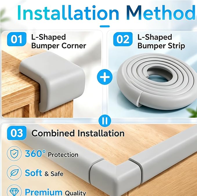 ZOMPAGO Baby Edge Protector 2 Roll (13FT) Corner Guards - Grey Foam Furniture Corner Protectors - Baby Proof Corners and Edges for Table, Wall, Bed Frame - Baby Proofing Safety Bumpers