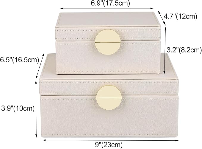 HofferRuffer Faux Leather Jewelry Boxes, Decorative Boxes Storage Accessory Organizer with Gold Hardware Decor, Classic Vegan Leather Set of 2 Pieces (CreamWhite)