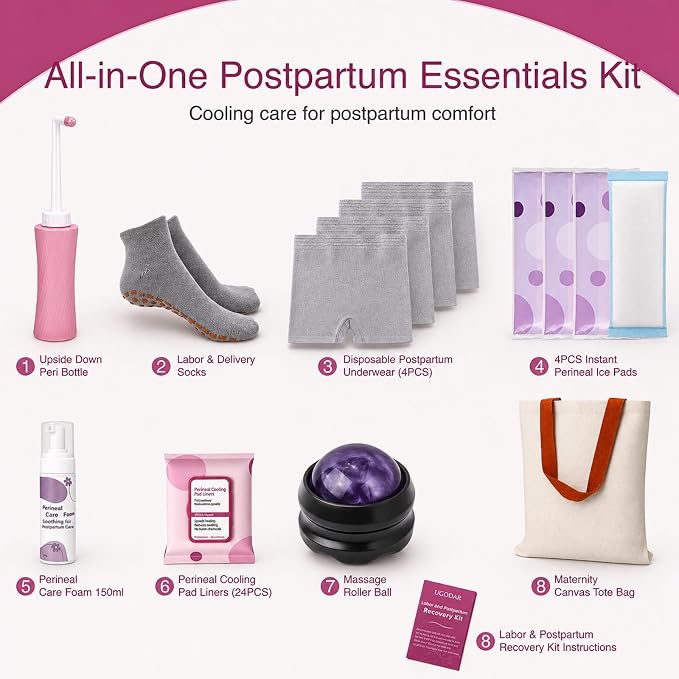 Postpartum Essentials Kit, Postpartum Recovery Set with Peri Bottle, Ice Pads, Perineal Care Foam, Cooling Pad Liners, Disposable Underwear, Labor Socks & Massage Roller,Labor Delivery Gift for Women