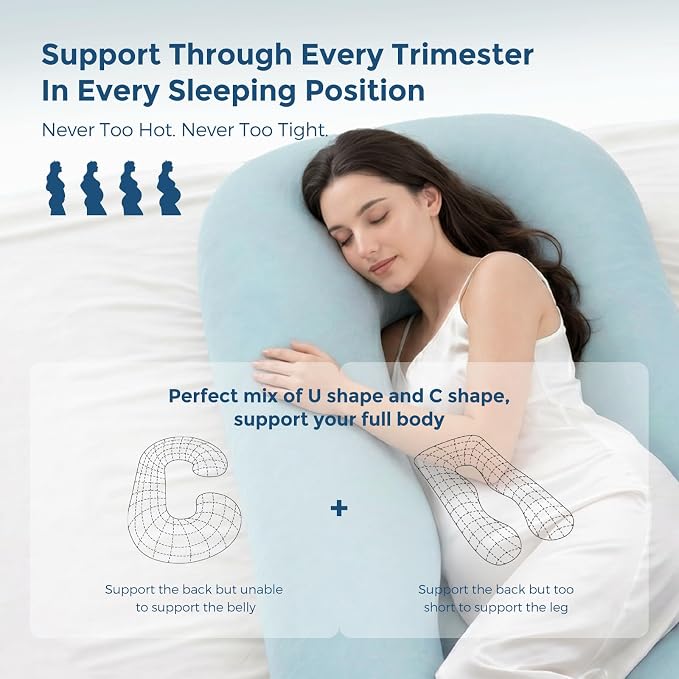 Momcozy Pregnancy Pillows with Cooling Cover, U Shaped Full Body Maternity Pillow for Side Sleepers - Support for Back, Legs, Belly, HIPS for Pregnant Women, 57 Inch Pregnancy Pillow, Mist Blue