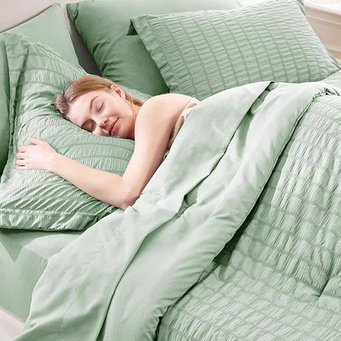 CozyLux Queen Comforter Set Sage Green Seersucker 7 Pieces Bed in a Bag Queen Comforter Set with Sheets, Luxury Soft Bedding Set with Down Alternative Comforter, Sheets, Pillowcases & Shams All Season