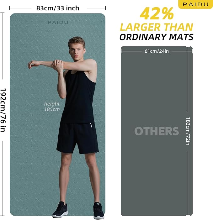 PAIDU Extra Long Wide Yoga Mat 76"x33"x2/5 Inch - Non Slip Thick Exercise Mat for Home Gym, Yoga, Pilates & Workouts