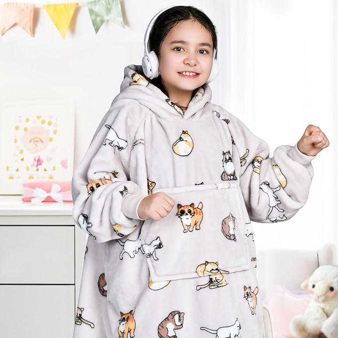 Waitu Wearable Blanket for Kids, Wearable Blanket Hoodie Gifts for Teens Girls and Boys, Warm Blanket Sweatshirt for Teenage, Thick Flannel Hoodie Blanket with Sleeves - Cat Gray