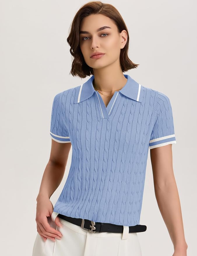 Micoson Womens Short Sleeve Sweater Tops Lapel V Neck Polo Shirts 2026 | Summer Cable Knit Loose Blouses, Business Casual Outfits