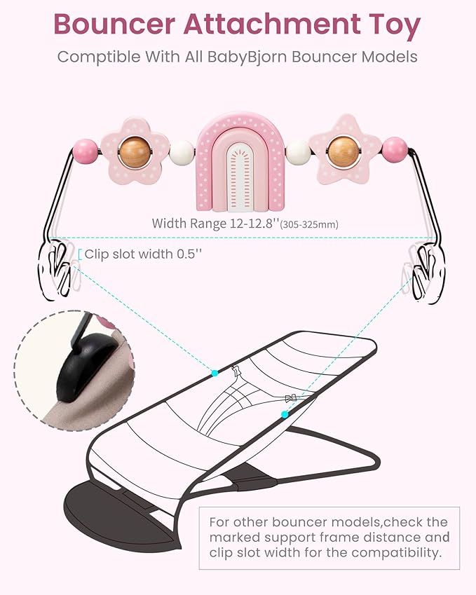 Baby Bouncer Toy Bar Wooden Compatible with Baby Bjorn Bouncer, Bouncer Toy Attachment, Tight and Secure Fit, So Fun to Watch, Touch and Spin for Babies All Ages (Pink Rainbow)