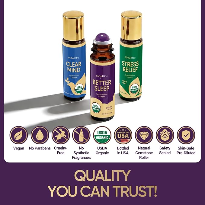 BodyJ4You Sleep Essential Oil Blend - Better Sleep Aid Calm Relaxation Pure | USDA Organic Jojoba MCT Lavender Roman Chamomile - Roller Ball Roll-On Night Routine Wrists Temples Neck - Amber Glass 10ml