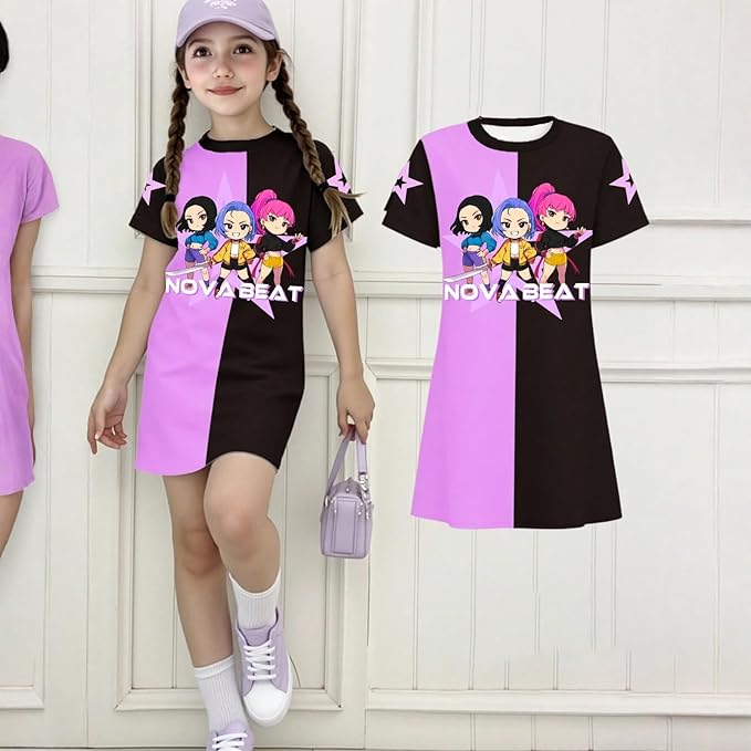 Girl's Anime K-POP Graphic Long Dress T-Shirt - Casual Loose Fit Short Sleeve Top