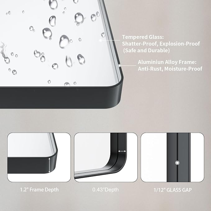 LOAAO 32x36 Inch Black Bathroom Mirror Metal Framed | Matte Black, Rounded Rectangle, Anti-Rust, Tempered Glass, Hangs Horizontally or Vertically, Wall-Mounted