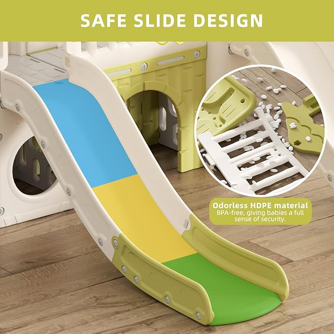 XJD 10 in 1 Toddler Slide, Jungle Double Slide Playset with Basketball Hoop, Tunnel and Storage Space, Outdoor Indoor Slide for Toddlers Age 1+,Tree House Design Toddlers Outdoor Playground (Green)