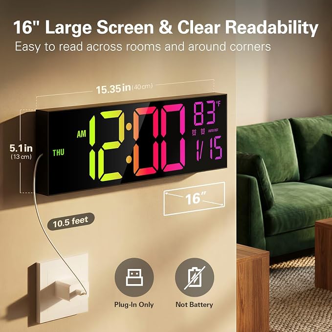 JALL 16" Large Digital Wall Clock with RGB Colors, Wall Clock for Living Room Classroom, Digital Clock with Temperature Timer, Classroom Decor for Teacher and School (Black, 16 inches)