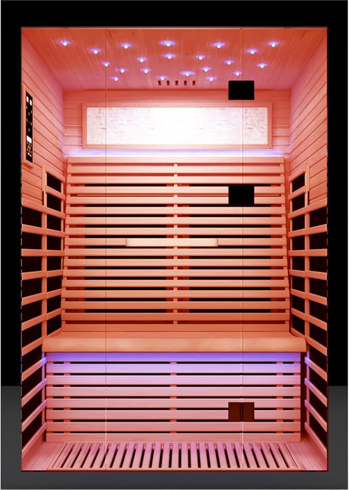 OUTEXER Sauna for 2 Person Far Infrared Saunas 2100W 120V Room Home Canadian Hemlock Indoor Low-EMF Dry Saunas with with Oxygen Bar 7 Color Light 53.1 * 47.2 * 74.8inch