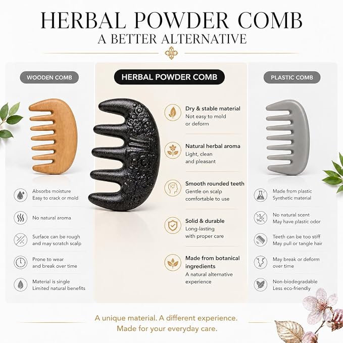 Herbal Powder Comb – Botanical Infused Scalp Massager Comb, Natural Head Massage Tool for Hair & Scalp Care, Wooden Comb Alternative, Acupressure-Inspired Design (Brown)