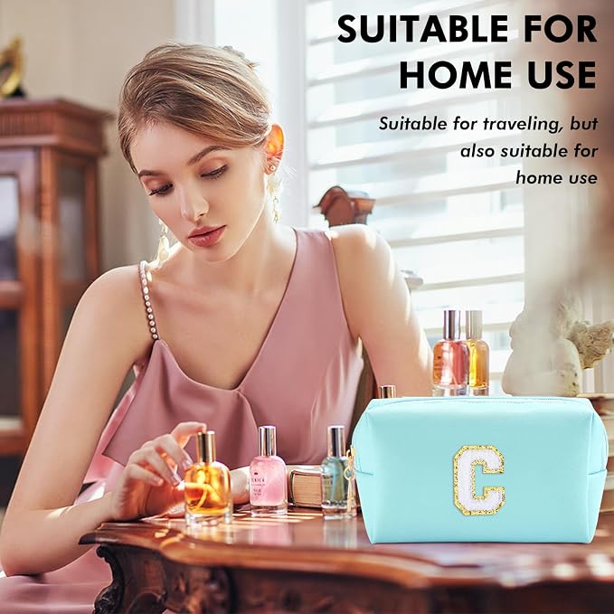 URSKYTOUS Gifts for Girls Initial Makeup Bag Personalized Cosmetic Bag with Zipper Cute Travel Toiletry Bag Waterproof PU Preppy Makeup Pouch Birthday Gift for Teen Girls Women(Blue C)
