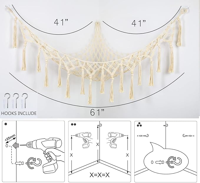 Stuffed Animal Net or Hammock - Macrame Toy Storage, Plush Organizer, Corner Hanging Net, Boho Nursery for Kidroom Playroom - Cream