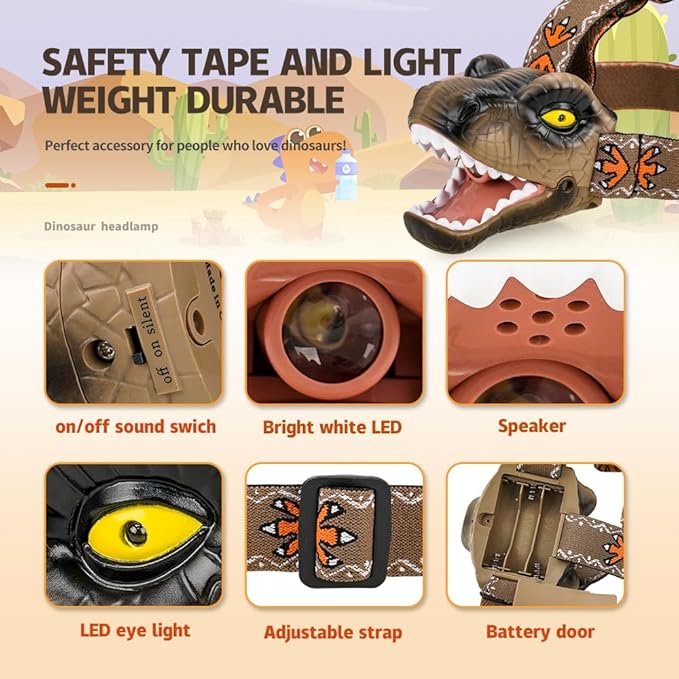 LED Dinosaur Headlamp for Kids, Children's Toy Flashlight T-Rex Dinosaur Toys for Age 3 4 5 6 7 8 9 Years Old Kids, Camping Hiking Gear for Boys(Brown)