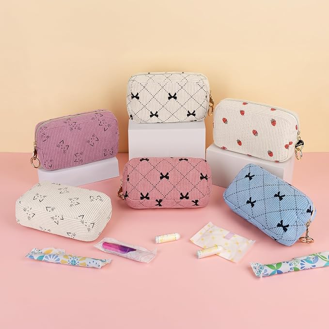 Corduroy Tampon Holder for Purse, Cute Period Bag with Ring Buckle, Portable Tampon Bag Organizer Case for Feminine Products (Cherry-Beige)