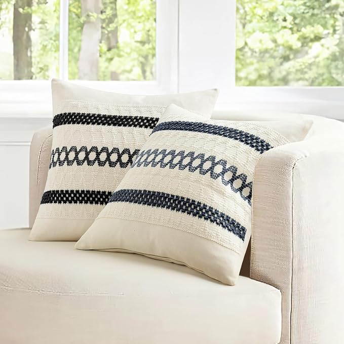 MIULEE Set of 2 Black Boho Decorative Lumbar Pillow Covers 12x20 Inch | Farmhouse Couch Throw Pillows, Modern Cotton Cushion Covers, Macrame Woven Spring Home Decor for Bed Sofa Chair