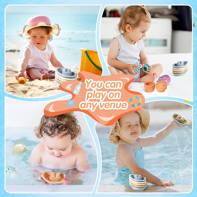 Baby Bath Toys | 11PCS Mold-Free Stacking Boats & Animal Squirters | Sensory Bathtub Toys for Babies 6-12M & Toddlers 1-3Y | Water Table Pool Toys Educational Gift