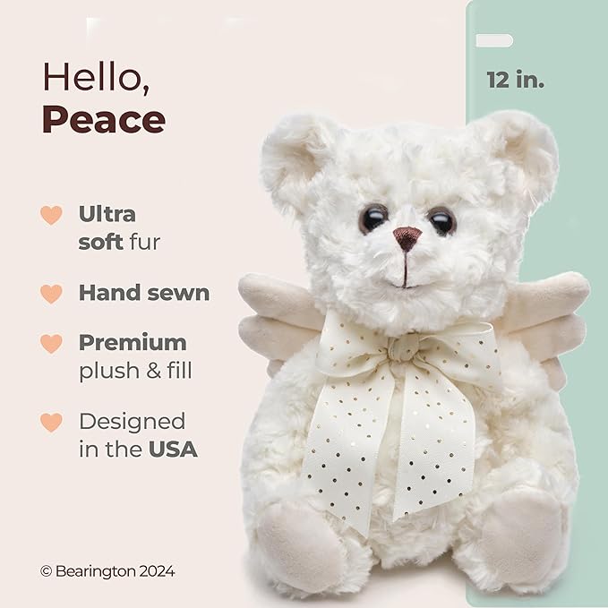 Bearington Peace, 12 Inch Teddy Bear Angel Stuffed Animal, Makes a Great Guardian Angel Gift for Christening, Bereavement, Memory, Sympathy