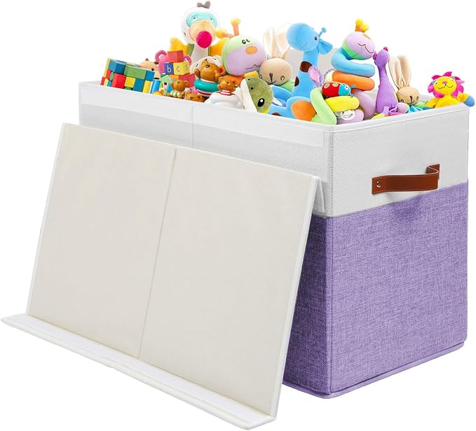 Large Toy Storage Box with Lid, Toy Chest Bin Boxes Basket with Dividers | Sturdy Toy Organizer Bin for Kids, Boys, Girls, Nursery, Living Room, Bedroom, Playroom 25"x13" x16" (Purple and White)
