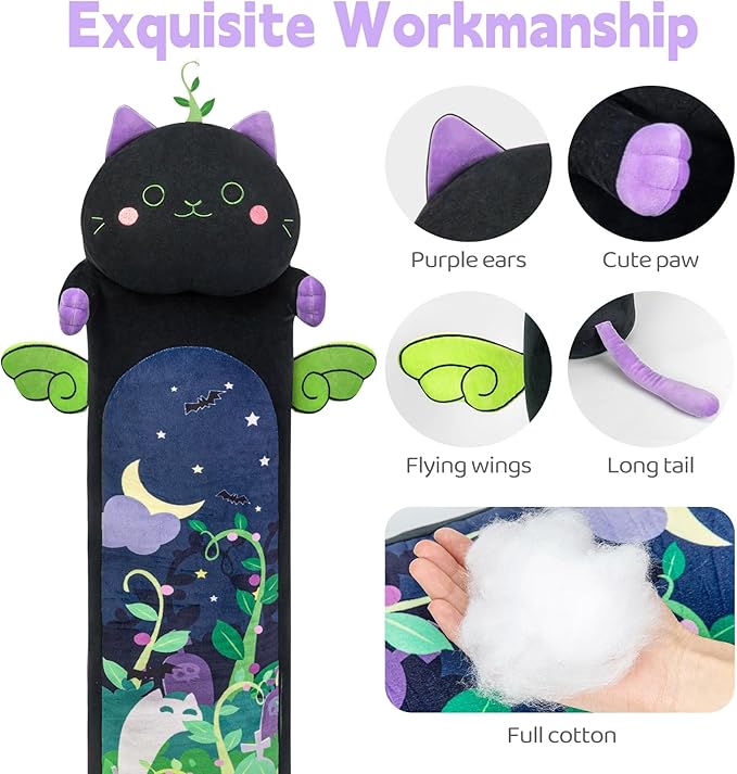 Long Cat Plush 5 Sizes, 120% Extra Filling Giant Plushness Kids Body Pillow, Kawaii Cute Black Cat Stuffed Animals Plushies, Big Long Body Pillow Black Cat Plush Gift for Girls 53”