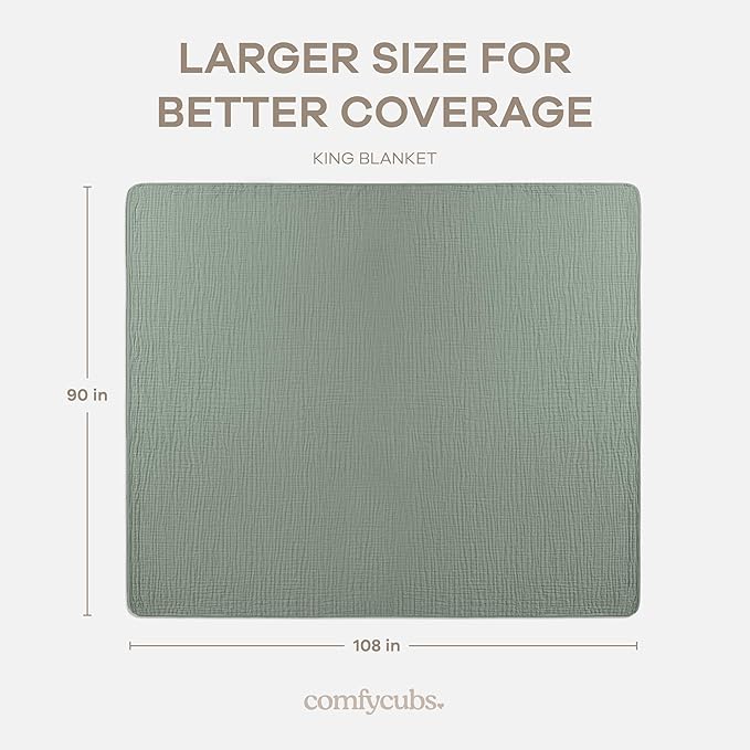 Comfy Cubs Adult Muslin Blanket 108x90” King Swaddle Blankets, Fern | 6 Layer Soft, Breathable & Lightweight Muslin Adult Blanket - Machine Washable & Designed in the US Bedding for All Seasons